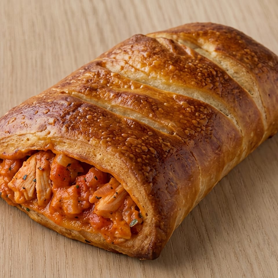 Golden sesame-topped stuffed bread loaf sliced open to reveal orange sauce, pasta, and seasoned filling on a wooden surface.