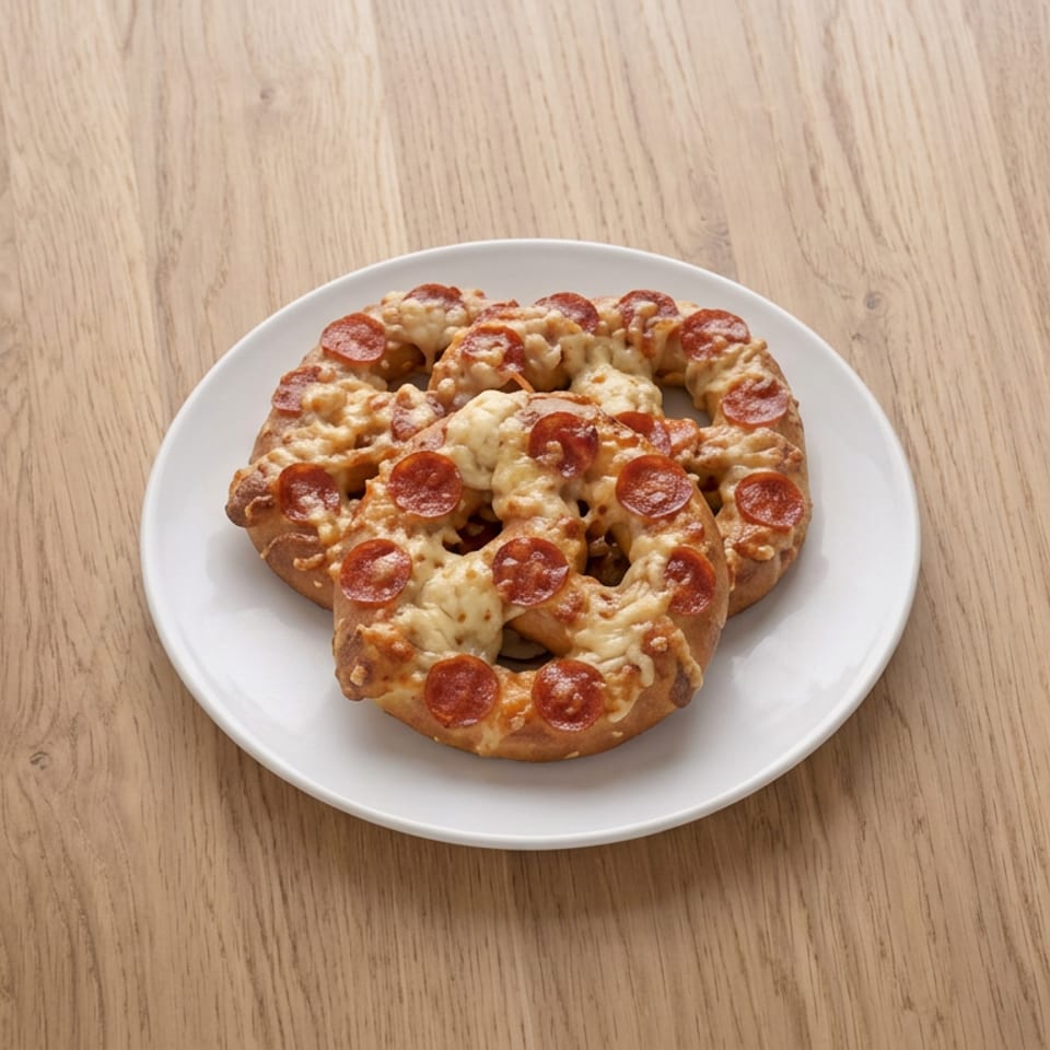 Cheesy pepperoni pizza bagel served on a white plate atop a wooden table.