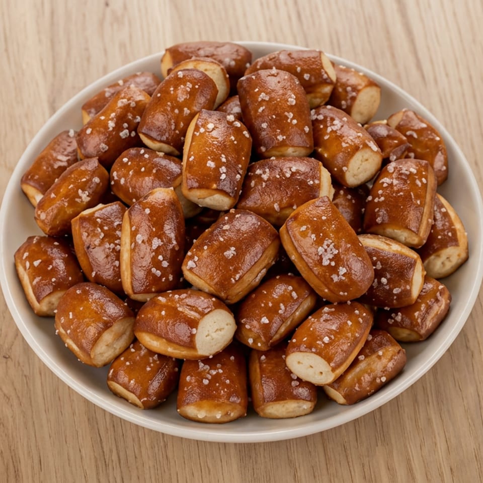 White bowl filled with golden-brown salted pretzel bites on a wooden table.