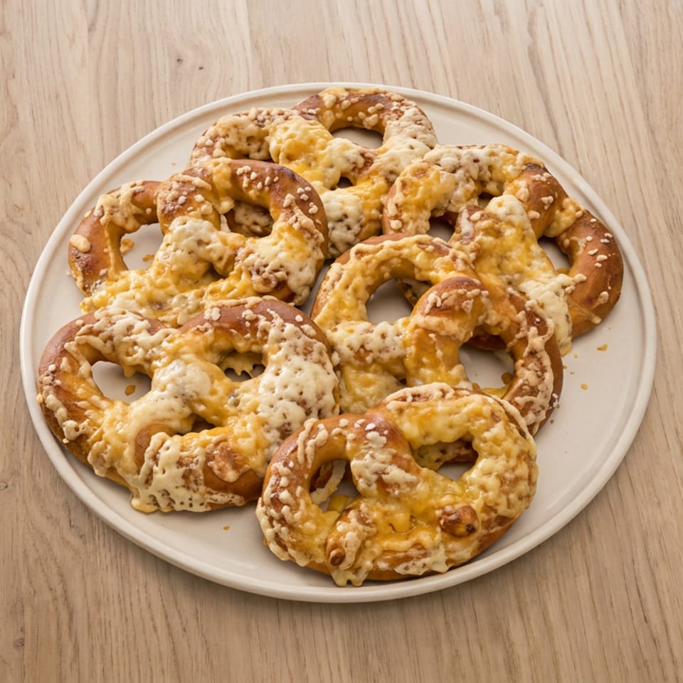Plate of golden soft pretzels topped with melted cheese on a wooden table.