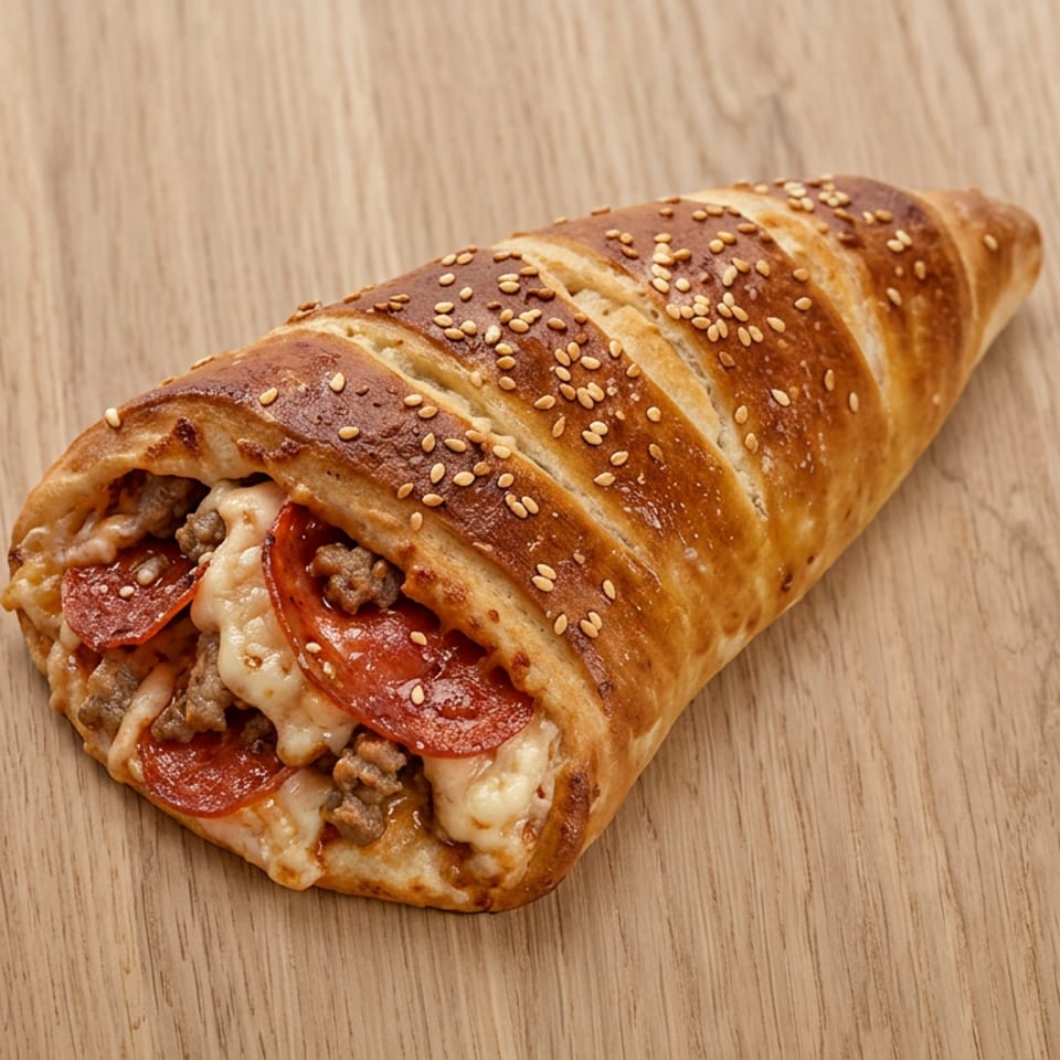 Golden sesame-topped stuffed bread filled with pepperoni, ground meat, and melted cheese on a wooden table.