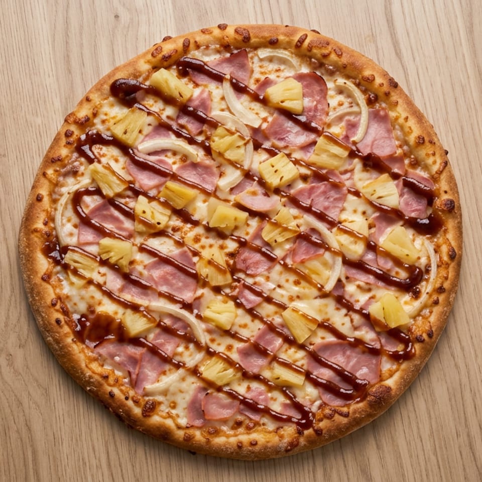 Round ham and pineapple pizza topped with onions and barbecue sauce on a wooden table.